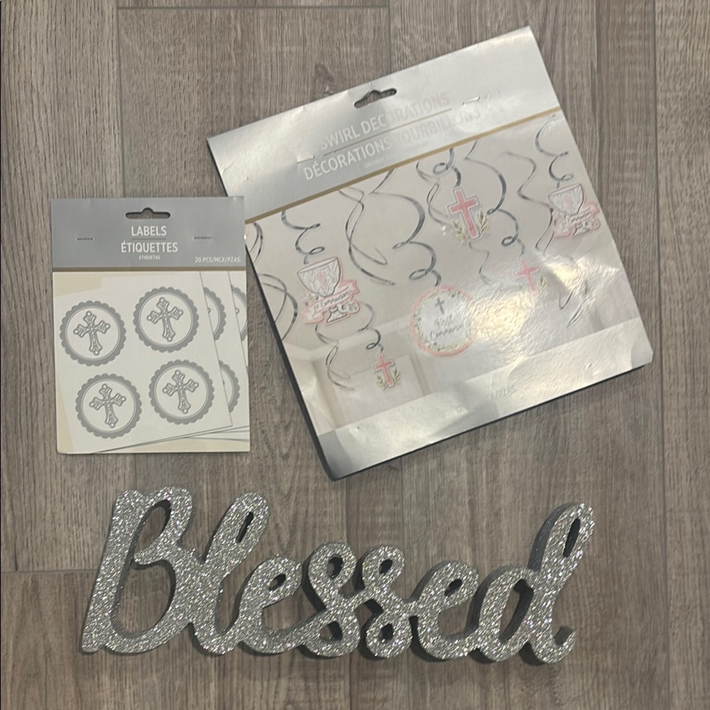 Silver Glitter 'Blessed' Sign with Holy communion  Decorations